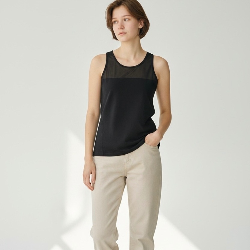 Cosabella Black Cotton Mesh Panel Tank Top Sleeveless Scoop Neck Small S